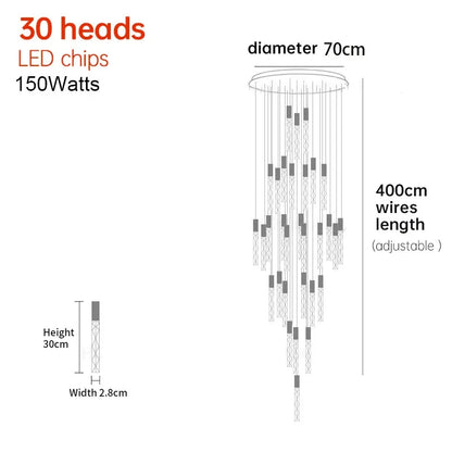 Suspension LED moderne spirale en cristal pour salon et duplex