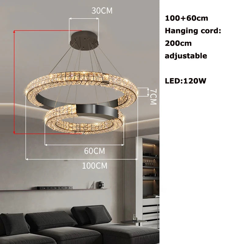 Lustre suspendu K9 cristal noir LED dimmable en acier inoxydable pour salon