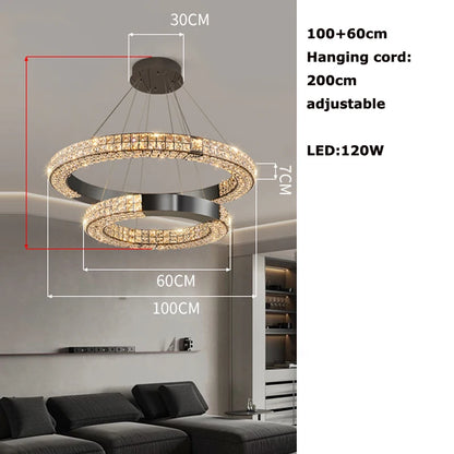Lustre suspendu K9 cristal noir LED dimmable en acier inoxydable pour salon