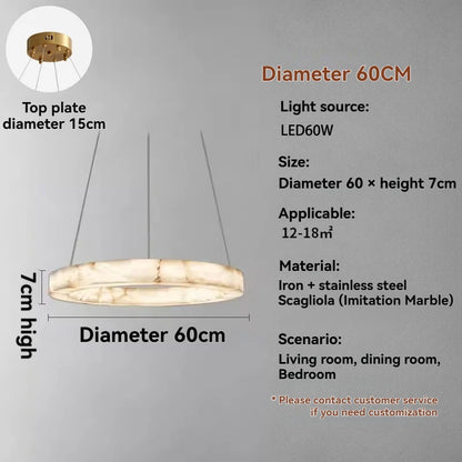 Suspension ronde en faux marbre résine, lumière chaude et design moderne