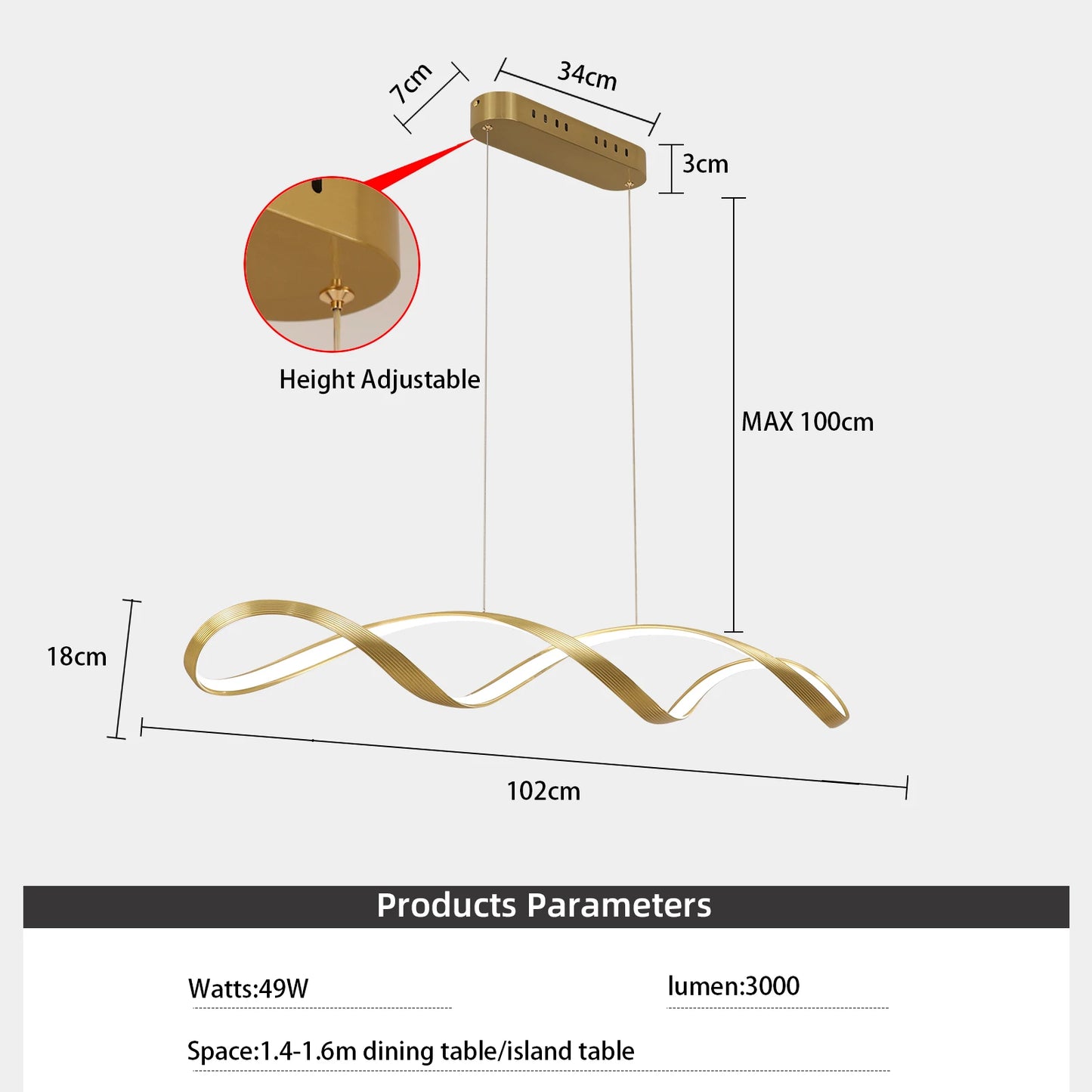 Suspension LED Moderne à Intensité Variable avec Télécommande – Hauteur Réglable 92 cm, Éclairage Îlot et Salle à Manger