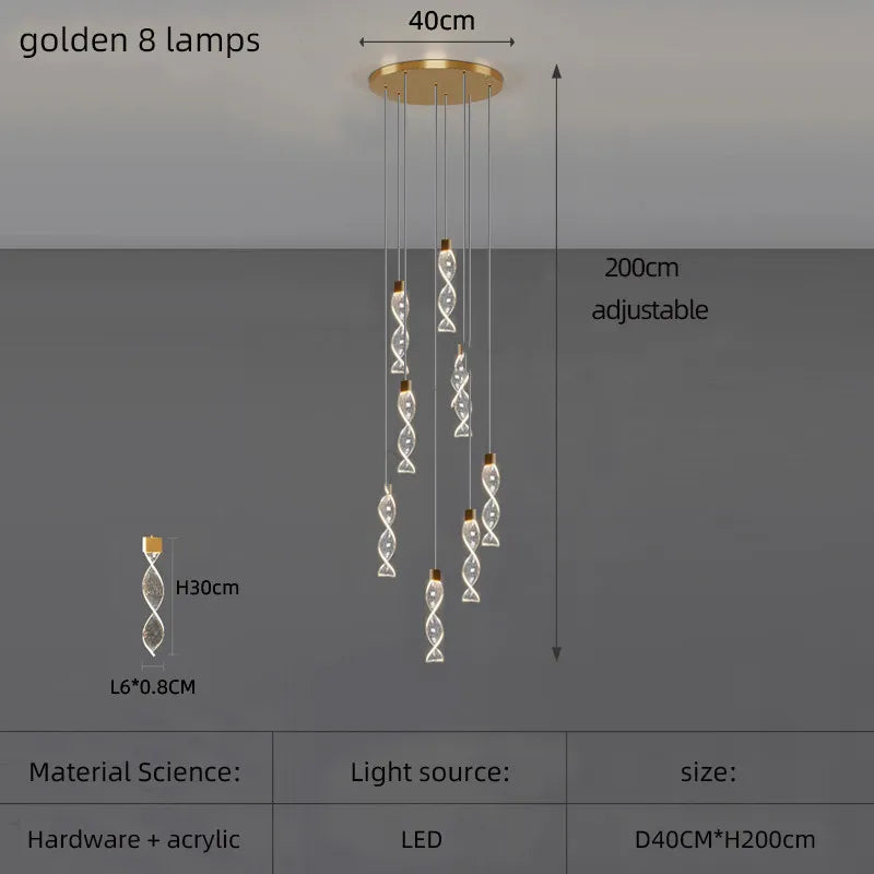 Lustre Spirale Duplex LED en cristal noir et or, design moderne, lumière blanche chaude