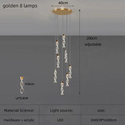 Lustre Spirale Duplex LED en cristal noir et or, design moderne, lumière blanche chaude