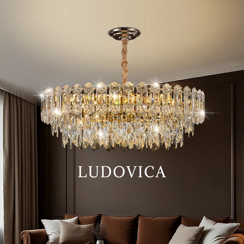 Suspension lustre LED cristal design moderne pour salle à manger haut plafond