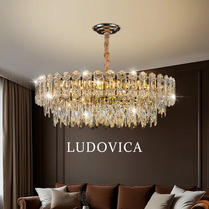 Suspension lustre LED cristal design moderne pour salle à manger haut plafond