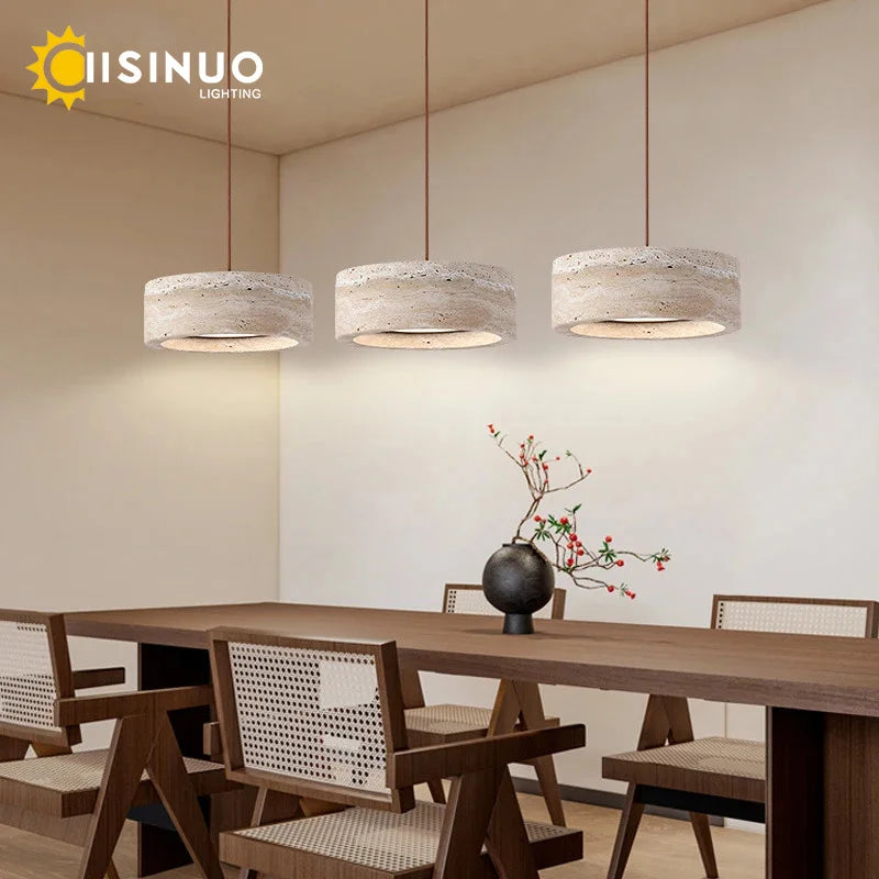 Suspension lampe ronde en pierre naturelle travertin LED réglable pour salle à manger
