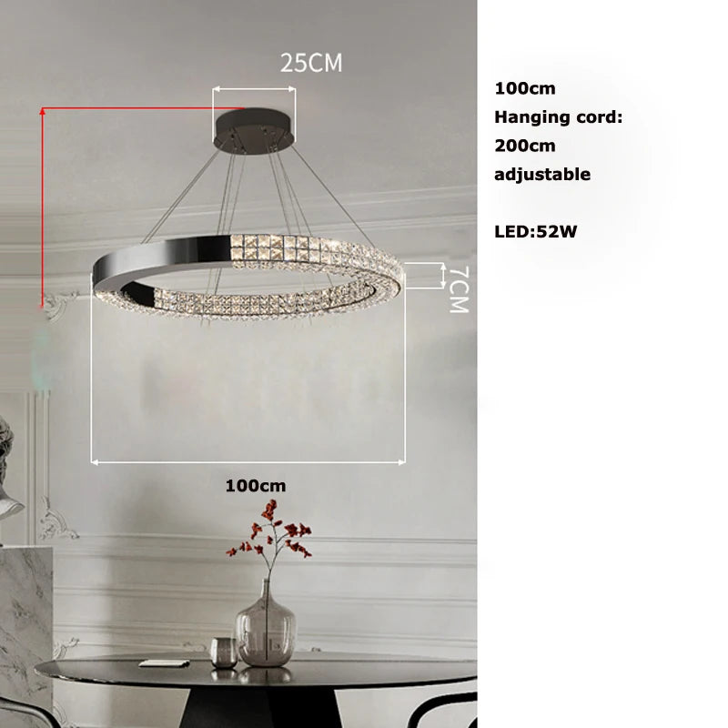 Lustre suspendu K9 cristal noir LED dimmable en acier inoxydable pour salon