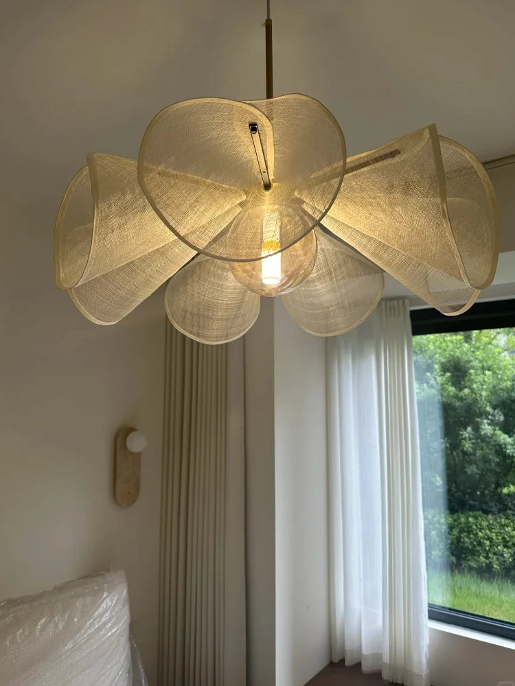 Suspension tissu fleur LED style japonais pour salon et restaurant E27
