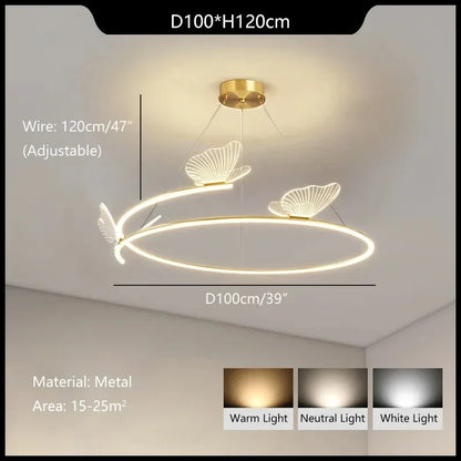 Plafonnier LED Anneau Métal Doré, Design Nordique avec Papillon Acrylique, Éclairage Salon et Chambre