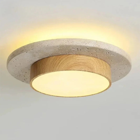 Plafonnier rond en pierre et bois noyer LED 28W style Wabi Sabi pour intérieur