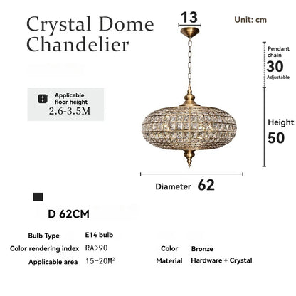 Suspension vintage en cristal et cuivre poli, éclairage LED chaleureux pour salon et hôtel
