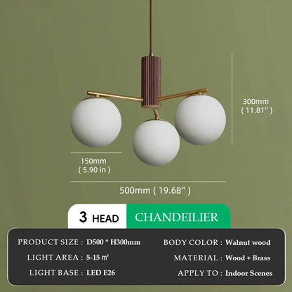 Suspension en bois de noyer japonais et verre dépoli ronde Wabi-sabi