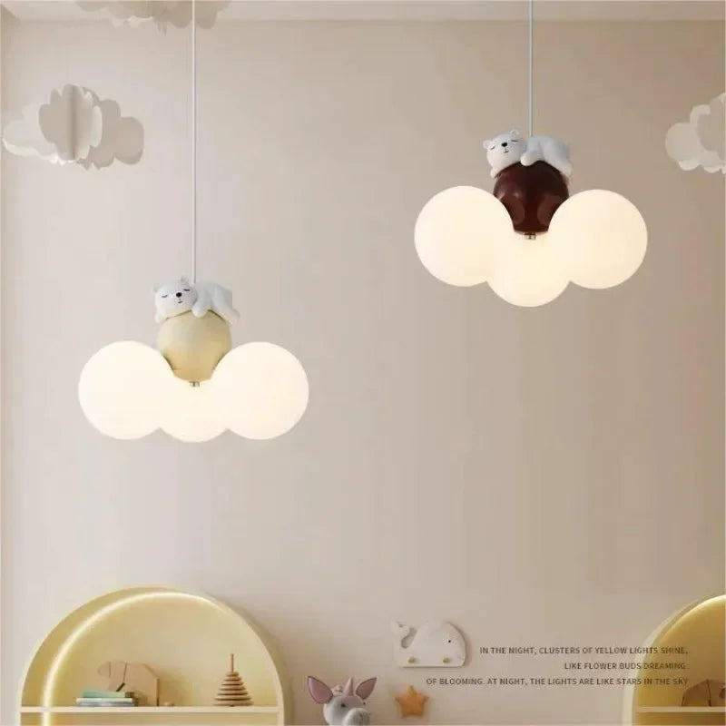 Suspension lustre ours dessin animé en métal, lumière douce pour chambre d’enfant