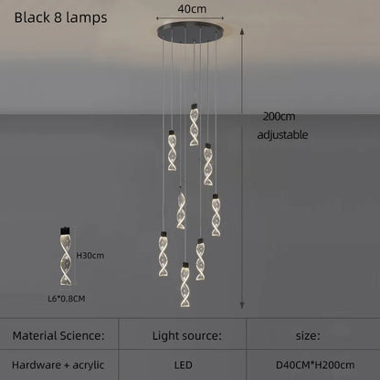 Lustre Spirale Duplex LED en cristal noir et or, design moderne, lumière blanche chaude