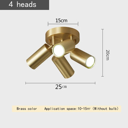 Plafonnier postmoderne en fer doré, 2-4 têtes orientables pour couloir et magasin