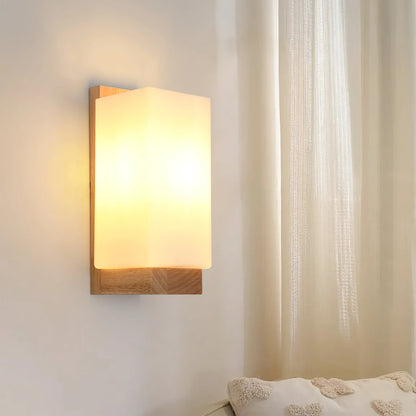 Applique Murale Bois et Verre Minimaliste E27, Lumière Chaude Ambiance Cosy
