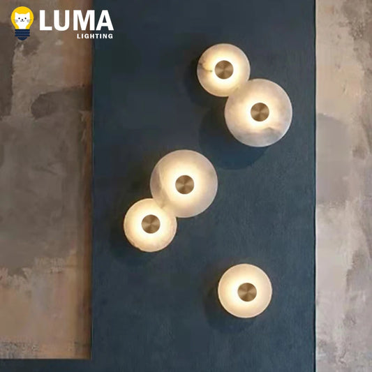 Applique Murale LED en Albâtre Naturel et Cuivre, Design Art Déco