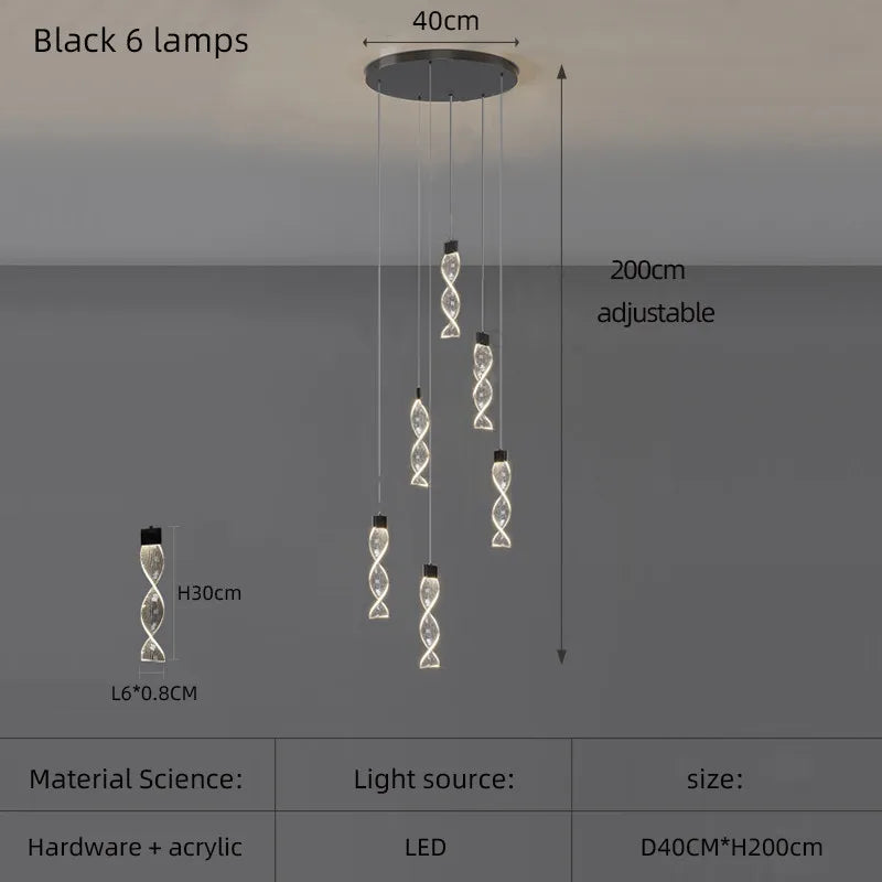 Lustre Spirale Duplex LED en cristal noir et or, design moderne, lumière blanche chaude