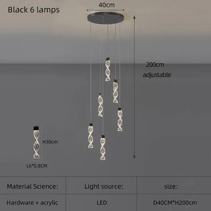 Lustre Spirale Duplex LED en cristal noir et or, design moderne, lumière blanche chaude