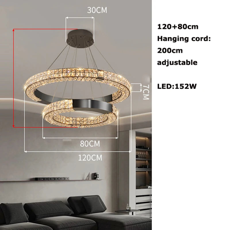 Lustre suspendu K9 cristal noir LED dimmable en acier inoxydable pour salon