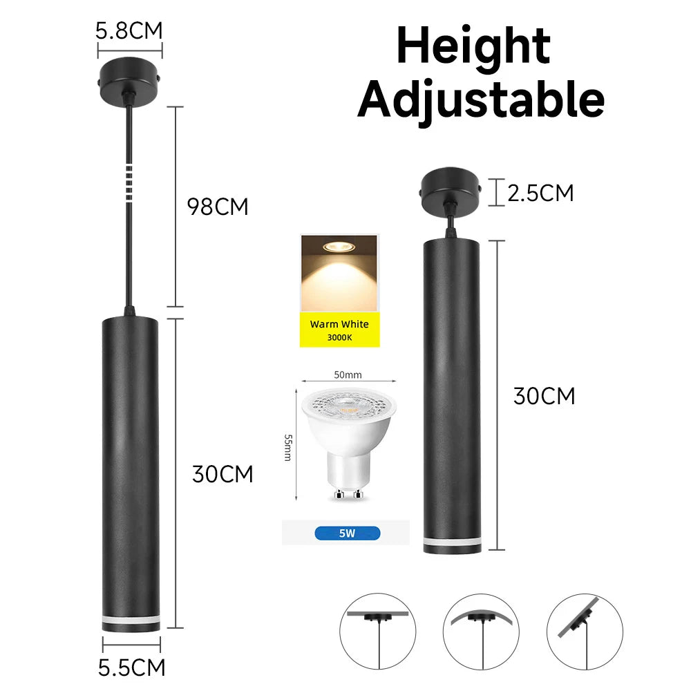 Suspension LED moderne en aluminium noir, lumière chaude ou neutre, 160-300mm