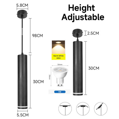 Suspension LED moderne en aluminium noir, lumière chaude ou neutre, 160-300mm