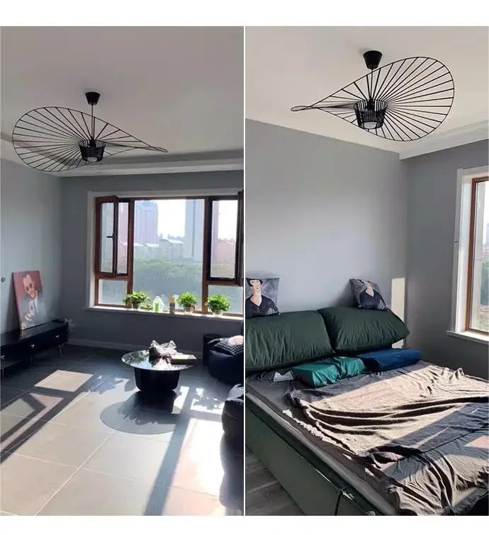 Suspension chapeau de paille Vertigo en tissu français, style nordique, lumière LED chaleureuse