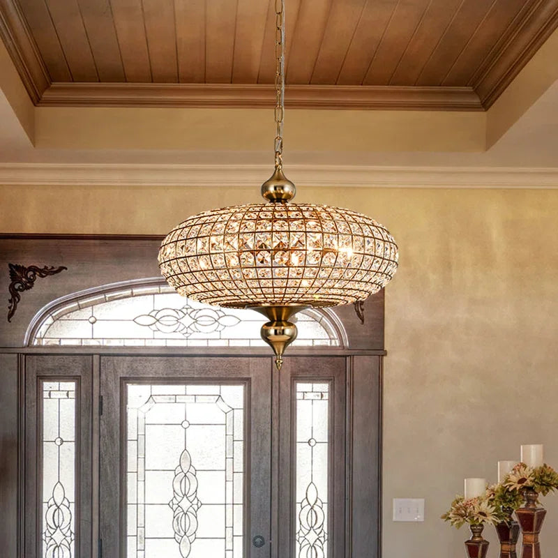 Suspension vintage en cristal et cuivre poli, éclairage LED chaleureux pour salon et hôtel