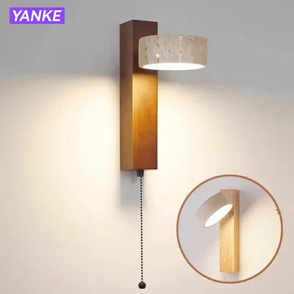 Applique Murale Japonaise Wabi Sabi en Travertin Jaune avec LED et Interrupteur à Chaînette