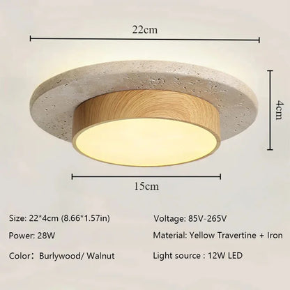 Plafonnier rond en pierre et bois noyer LED 28W style Wabi Sabi pour intérieur