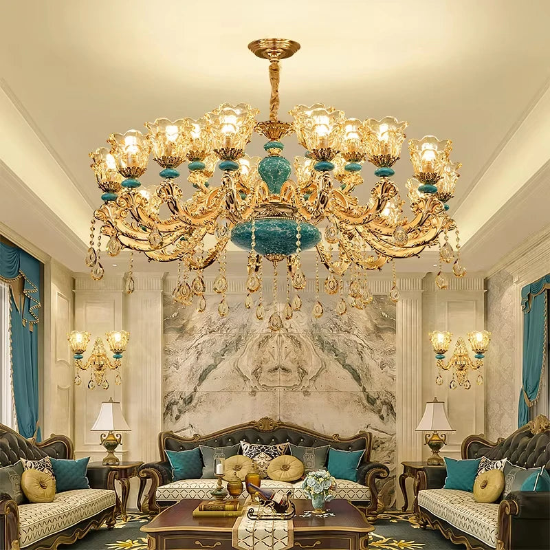 Lustre design européen en céramique et cristal, lumière chaude élégante