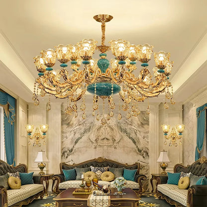 Lustre design européen en céramique et cristal, lumière chaude élégante