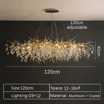 Suspension lustre LED cristal doré design moderne pour intérieur villa