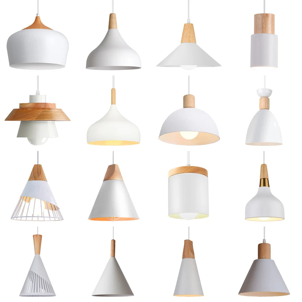 Suspension LED E27 moderne en fer et bois style nordique pour salon et cuisine