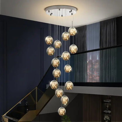 Suspension lustre moderne LED boule de verre réglable pour escalier et salon