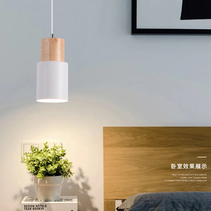 Suspension LED E27 moderne en fer et bois style nordique pour salon et cuisine