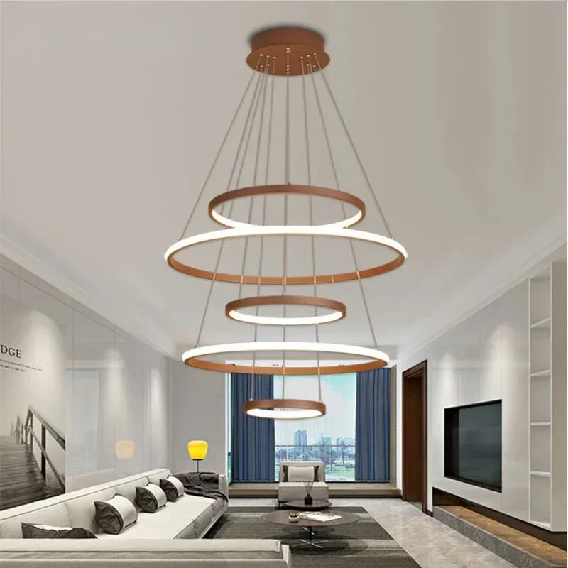 Lustre moderne 7 anneaux circulaires LED en alliage d’aluminium pour salon et salle à manger