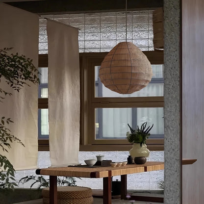 Suspension japonaise Wabi Sabi en tissu tricoté main, lumière chaleureuse