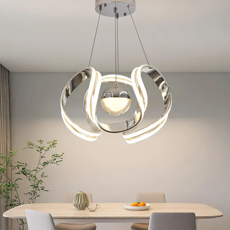 Suspension lustre anneau boule LED design moderne en métal, ambiance cosy