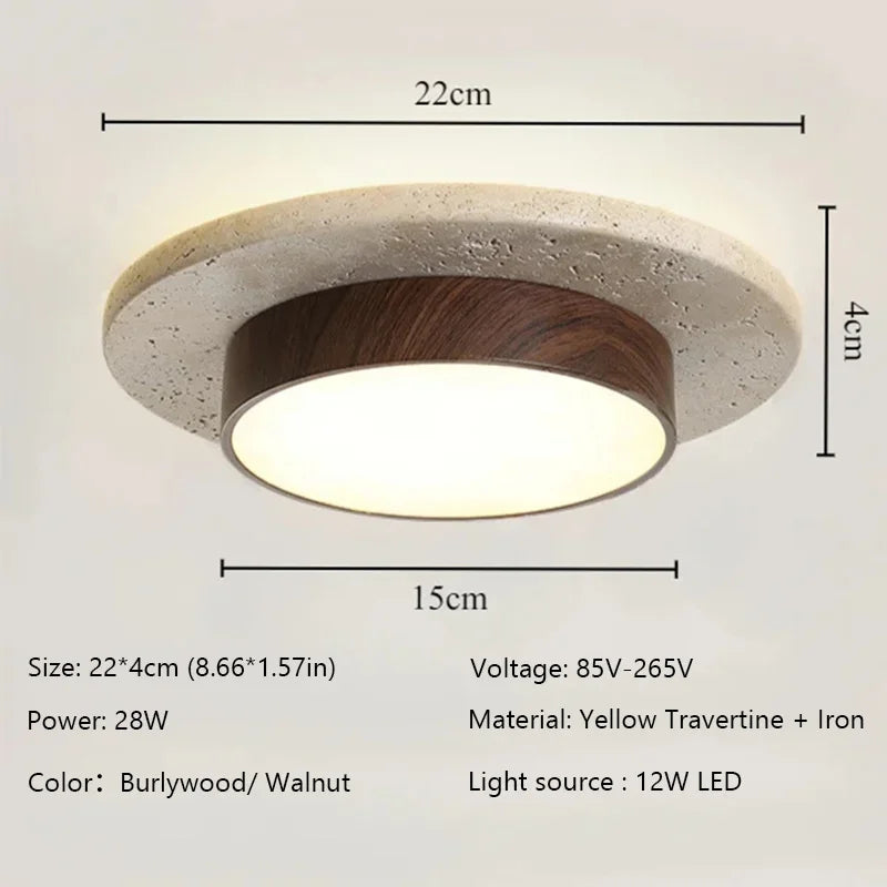 Plafonnier rond en pierre et bois noyer LED 28W style Wabi Sabi pour intérieur