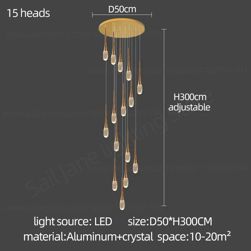 Suspension LED Moderne en Aluminium et Cristal, Lumière Chaude Dimable pour Salon et Escalier