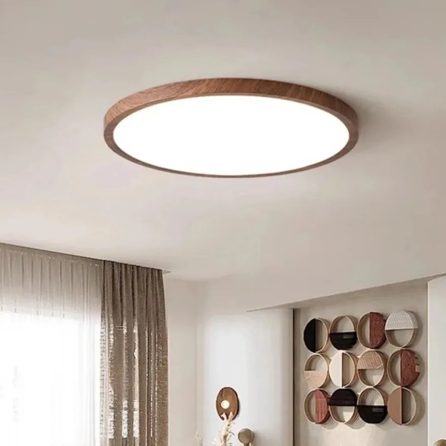Plafonnier LED circulaire ultra-mince effet bois noyer pour intérieur moderne