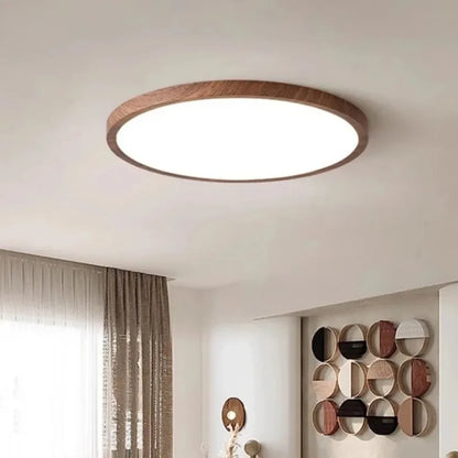 Plafonnier LED circulaire ultra-mince effet bois noyer pour intérieur moderne
