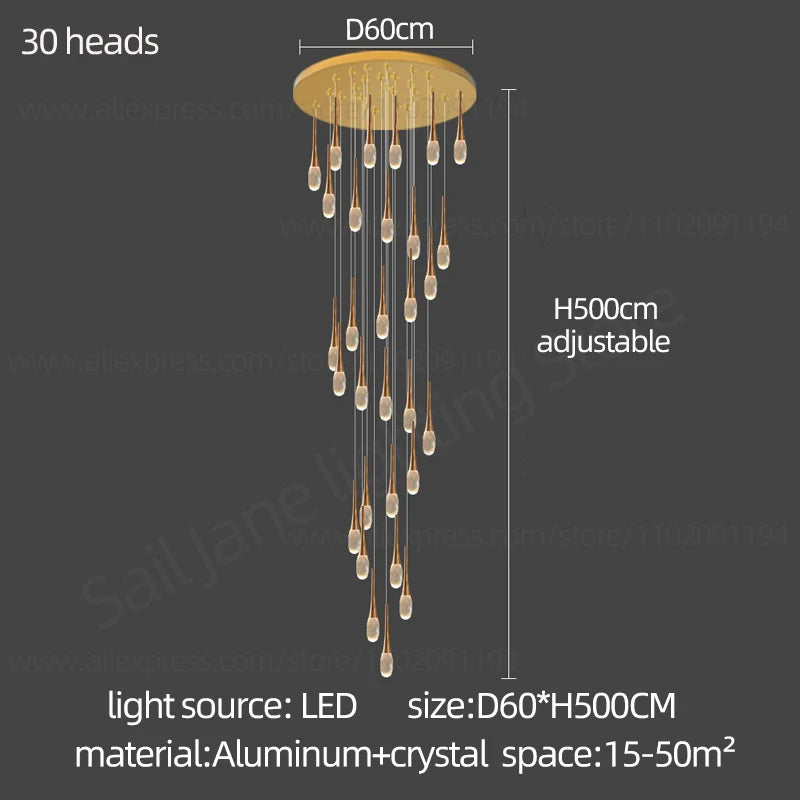 Suspension LED Moderne en Aluminium et Cristal, Lumière Chaude Dimable pour Salon et Escalier