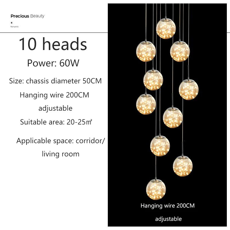 Suspension LED moderne boule de verre pour escalier et salon, lumière chaude dimmable