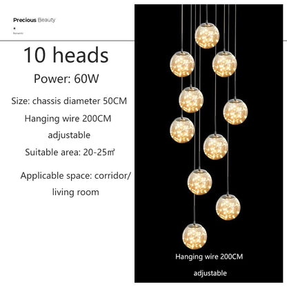 Suspension LED moderne boule de verre pour escalier et salon, lumière chaude dimmable