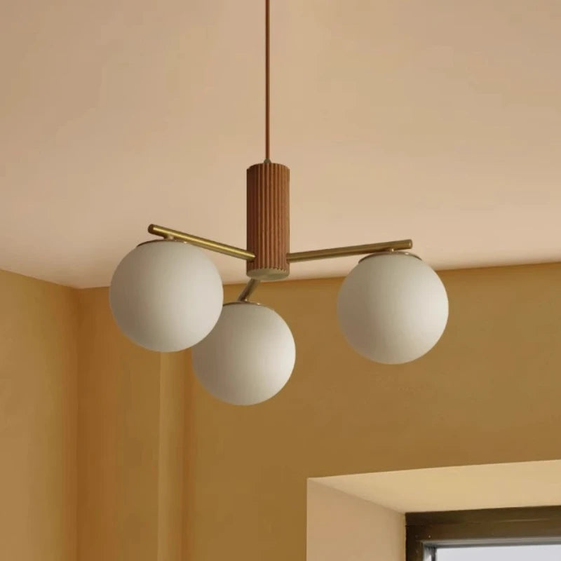 Suspension en bois de noyer japonais et verre dépoli ronde Wabi-sabi