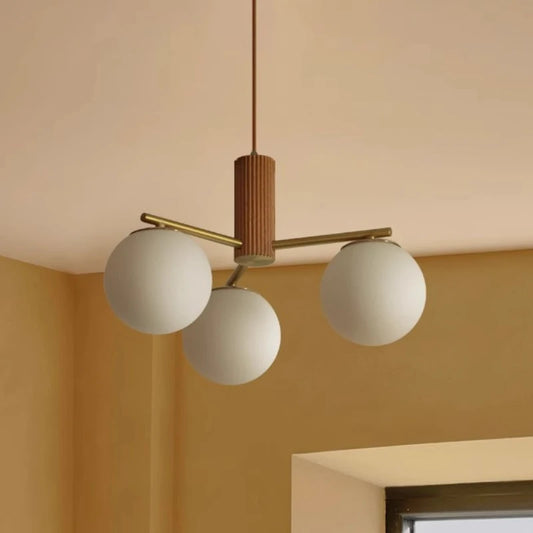 Suspension en bois de noyer japonais et verre dépoli ronde Wabi-sabi