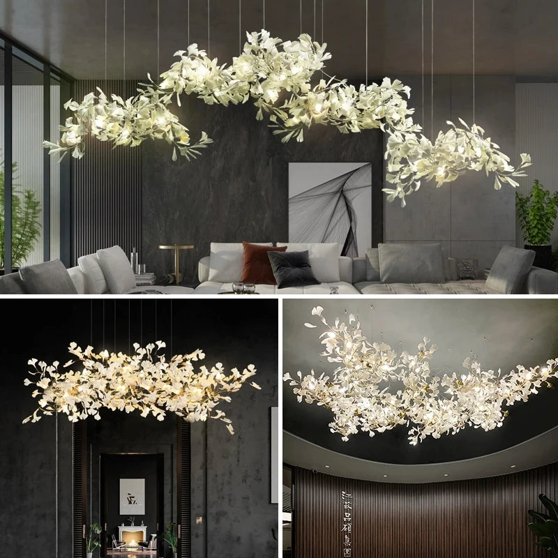 Lustre Ginkgo Feuille en Cristal pour Escalier et Hall Luxueux