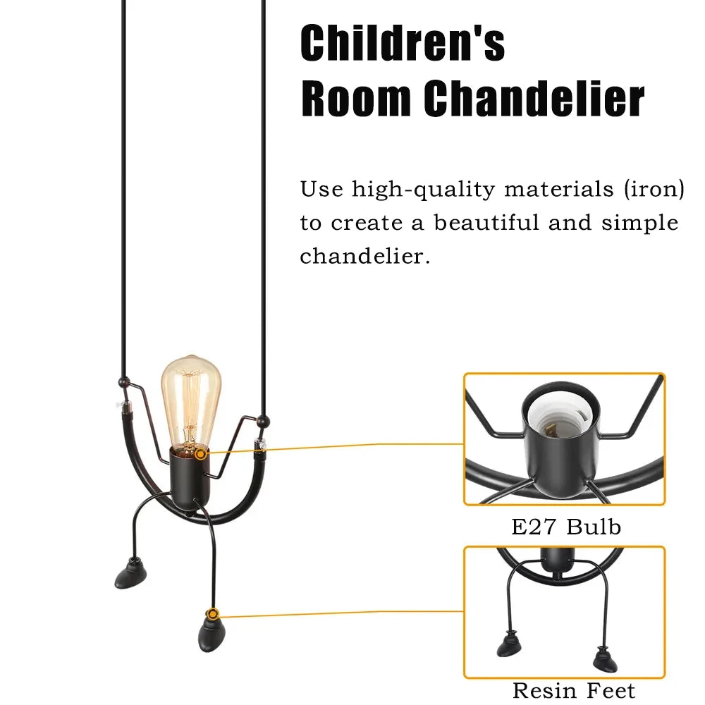 Suspension lustre moderne assis petit homme noir E27 pour chambre enfant